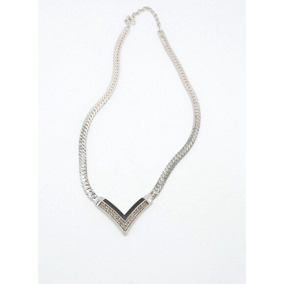 Christian Dior Silver tone Choker Necklace Crystals black enamel V 15-17” - Picture 4 of 6